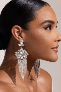 Jaquetta | Silver Crystal Statement Tassel Earrings sold by Club L London