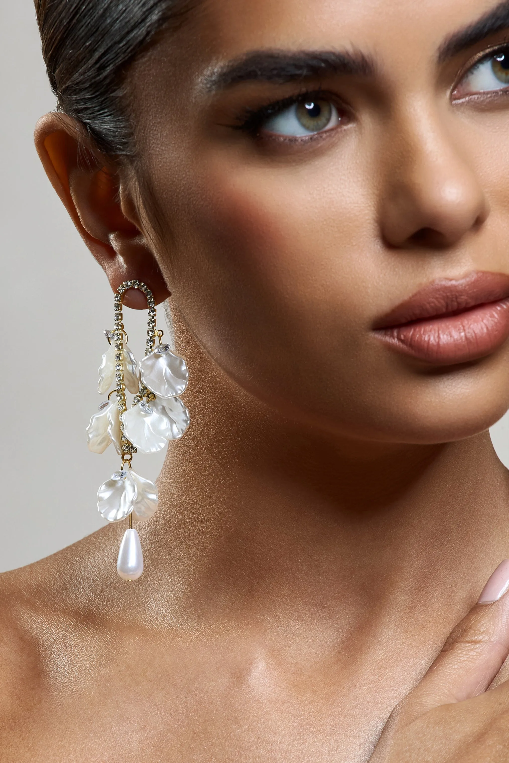 Lavinie | Gold Diamante Pearl Petal Dangle Earrings sold by Club L London product image thumbnail 3