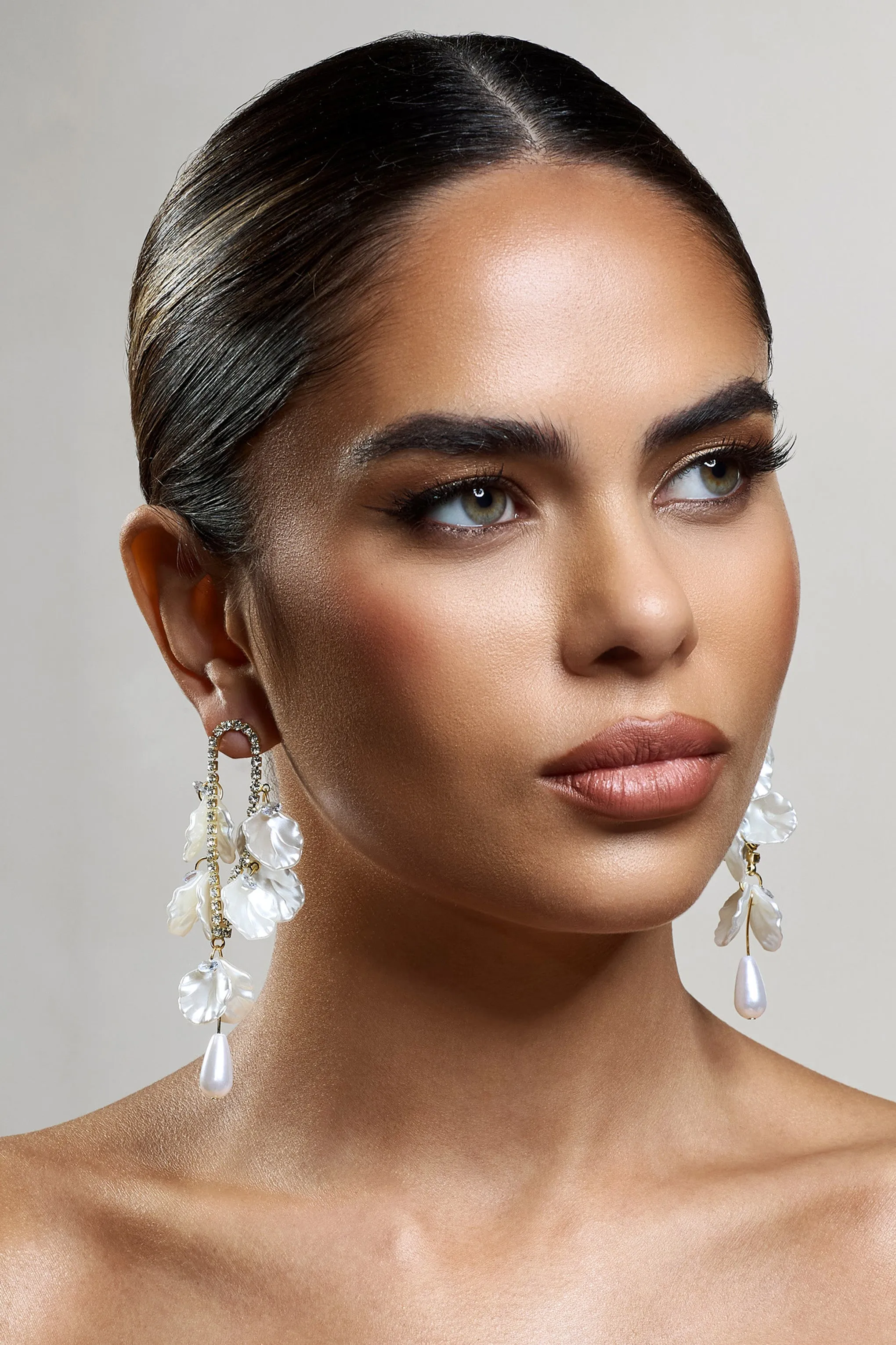Lavinie | Gold Diamante Pearl Petal Dangle Earrings sold by Club L London product image thumbnail 2