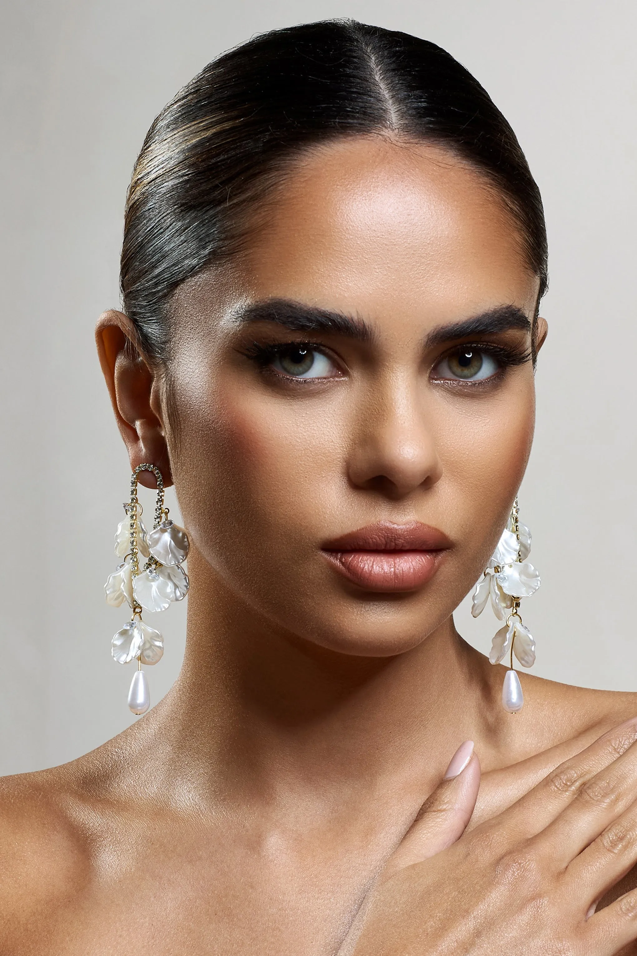 Lavinie | Gold Diamante Pearl Petal Dangle Earrings sold by Club L London product image thumbnail 4