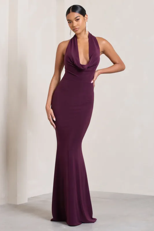 Milani | Plum Backless Cowl Neck Fishtail Maxi Dress sold by Club L London