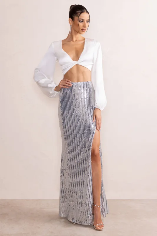 Sasha | Silver Sequin Fishtail Maxi Skirt With Side Split sold by Club L London