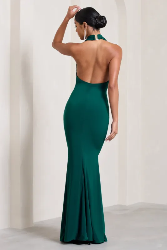 Milani | Bottle Green Backless Cowl Neck Fishtail Maxi Dress | Parallel