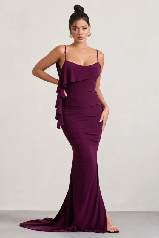 In Whispers | Burgundy Split Maxi Dress sold by Club L London