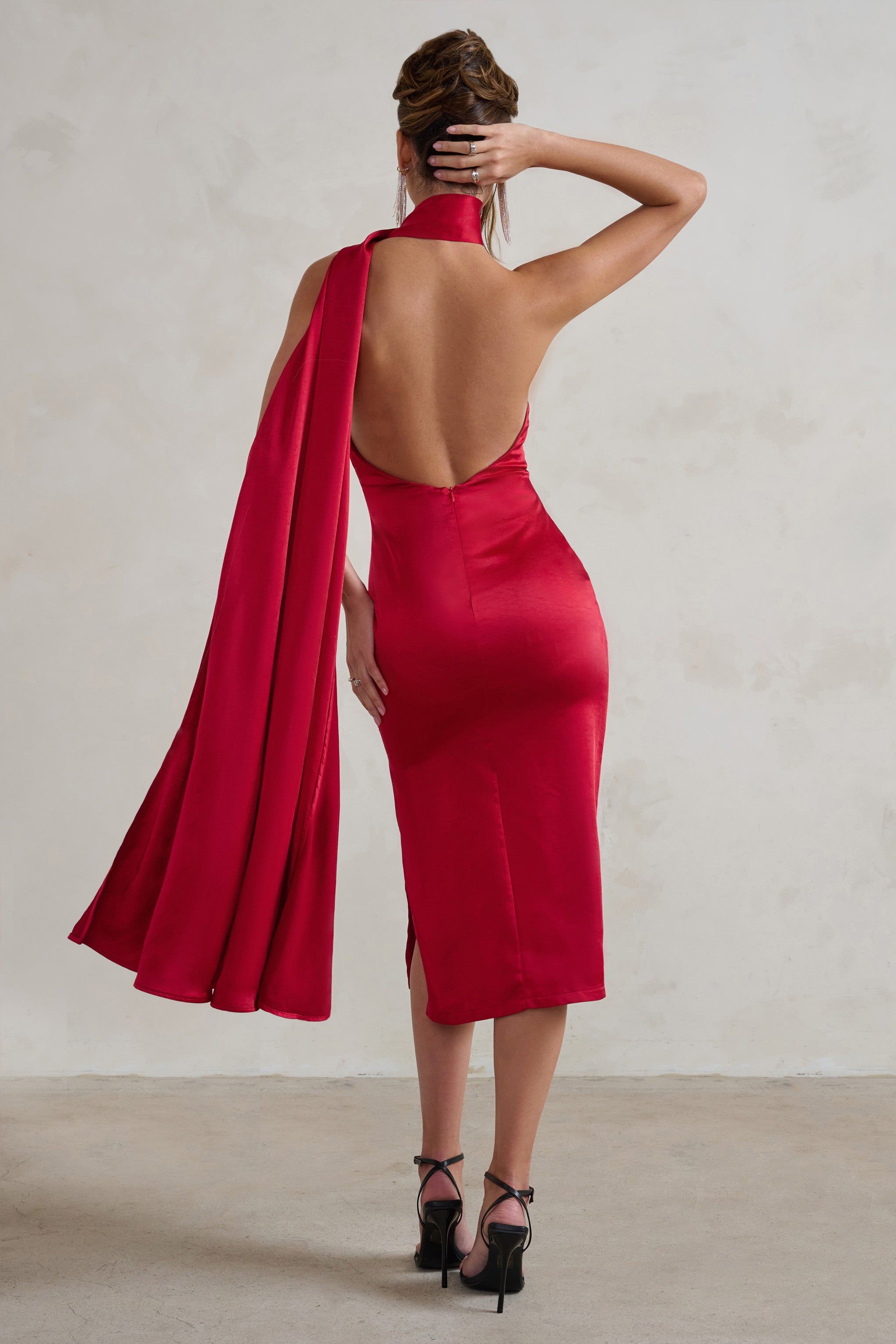 Madame | Berry Red Satin Asymmetric Scarf Neck Backless Midi Dress sold by Club L London product image thumbnail 2