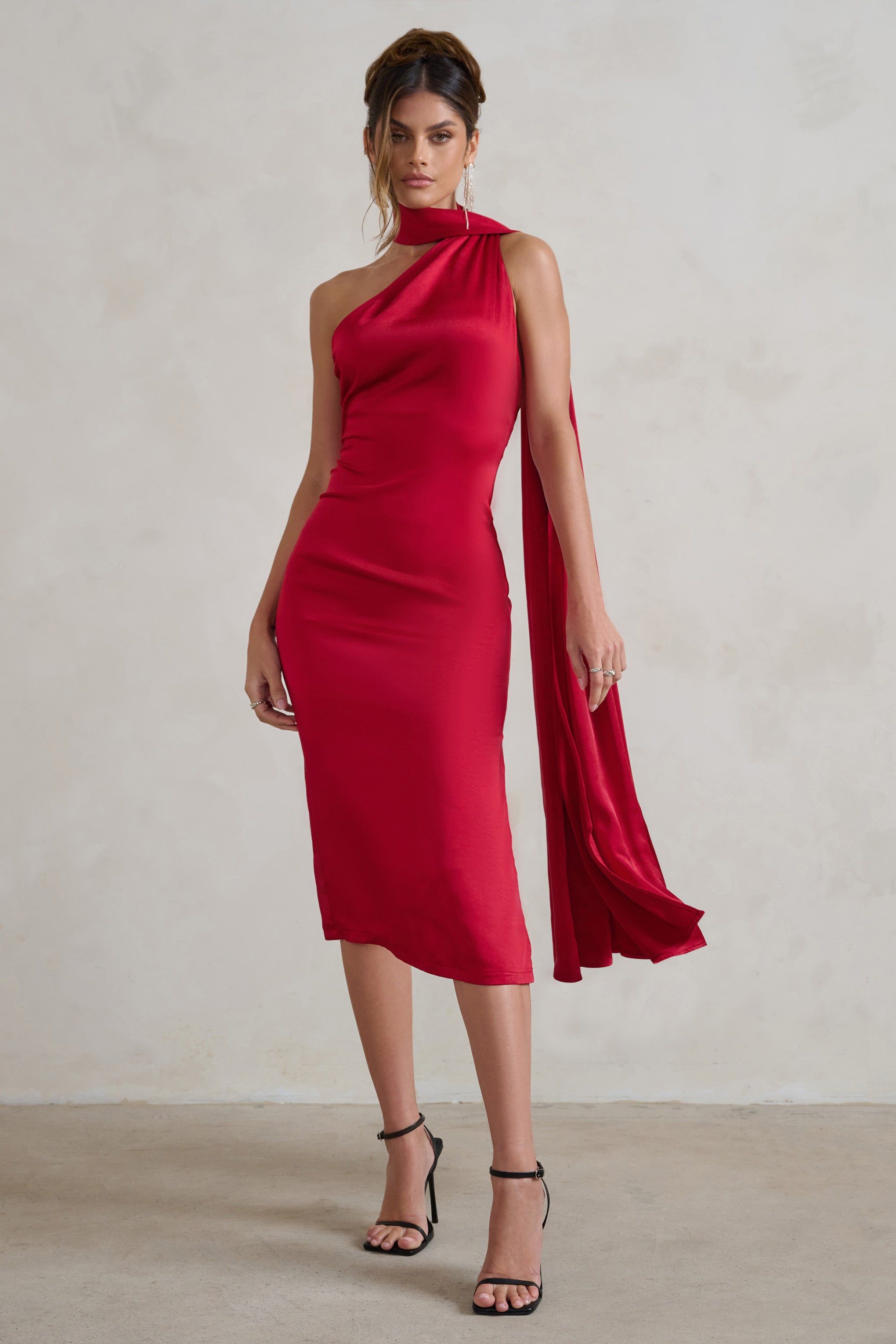 Madame | Berry Red Satin Asymmetric Scarf Neck Backless Midi Dress sold by Club L London product image thumbnail 5