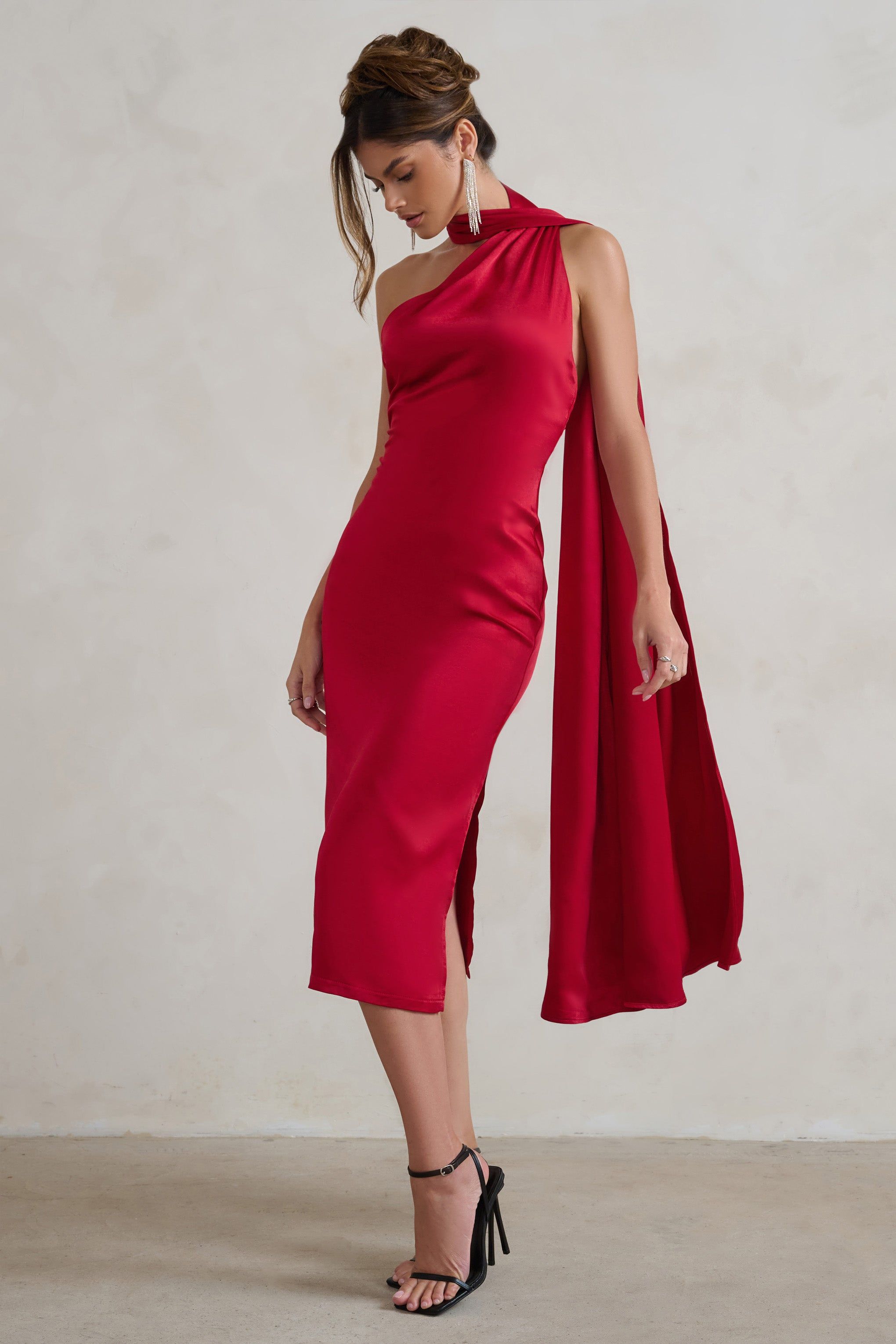 Madame | Berry Red Satin Asymmetric Scarf Neck Backless Midi Dress sold by Club L London product image thumbnail 4