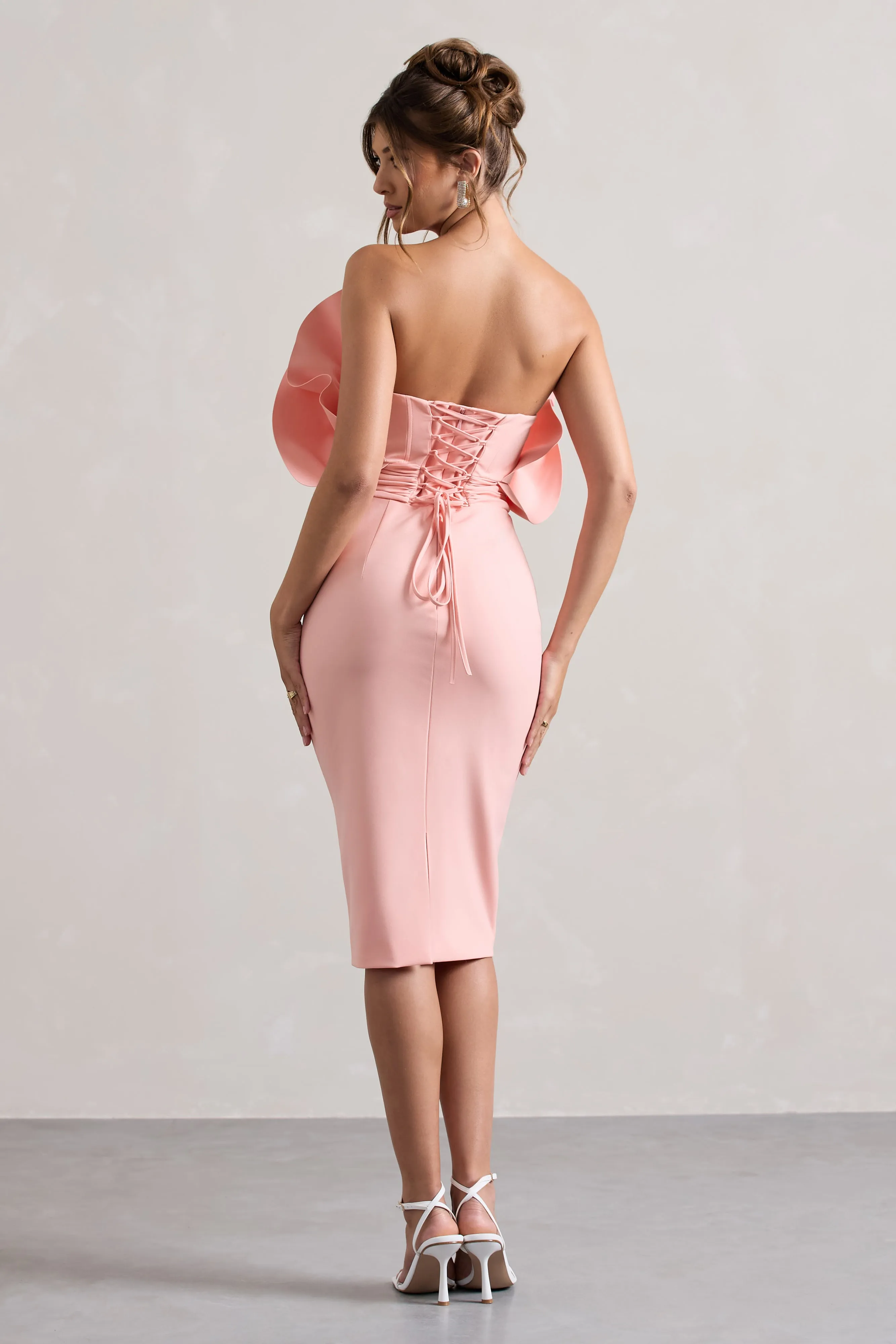 Oria | Pink Ruffled Strapless Midi Dress sold by Club L London product image thumbnail 2