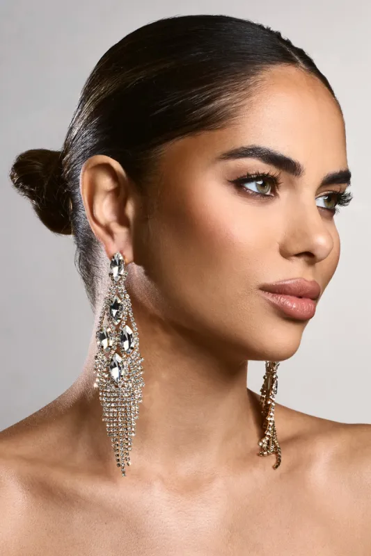 Peony | Gold Diamante Chandelier Drop Earrings sold by Club L London
