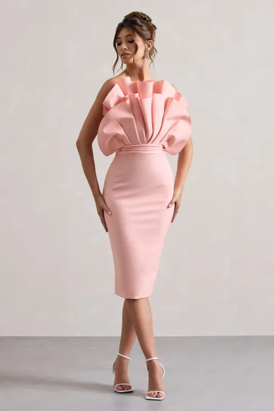 Oria | Pink Ruffled Strapless Midi Dress sold by Club L London