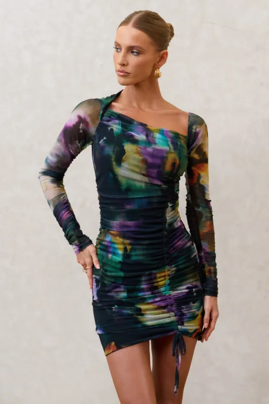 Aphrodite | Watercolour Print Asymmetric Ruched Side Mini Dress sold by Club L London