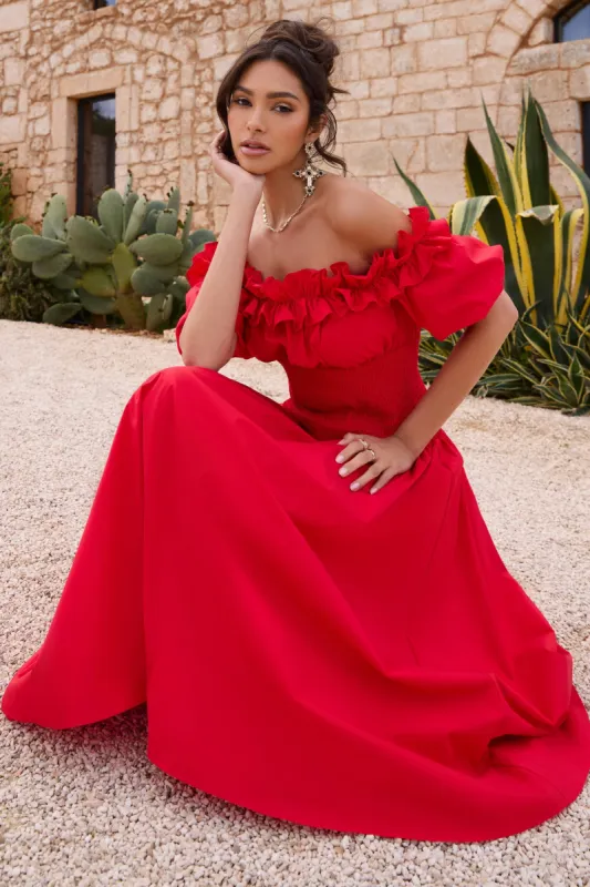 Romeo | Red Poplin Bardot Ruffle Midi Dress sold by Club L London