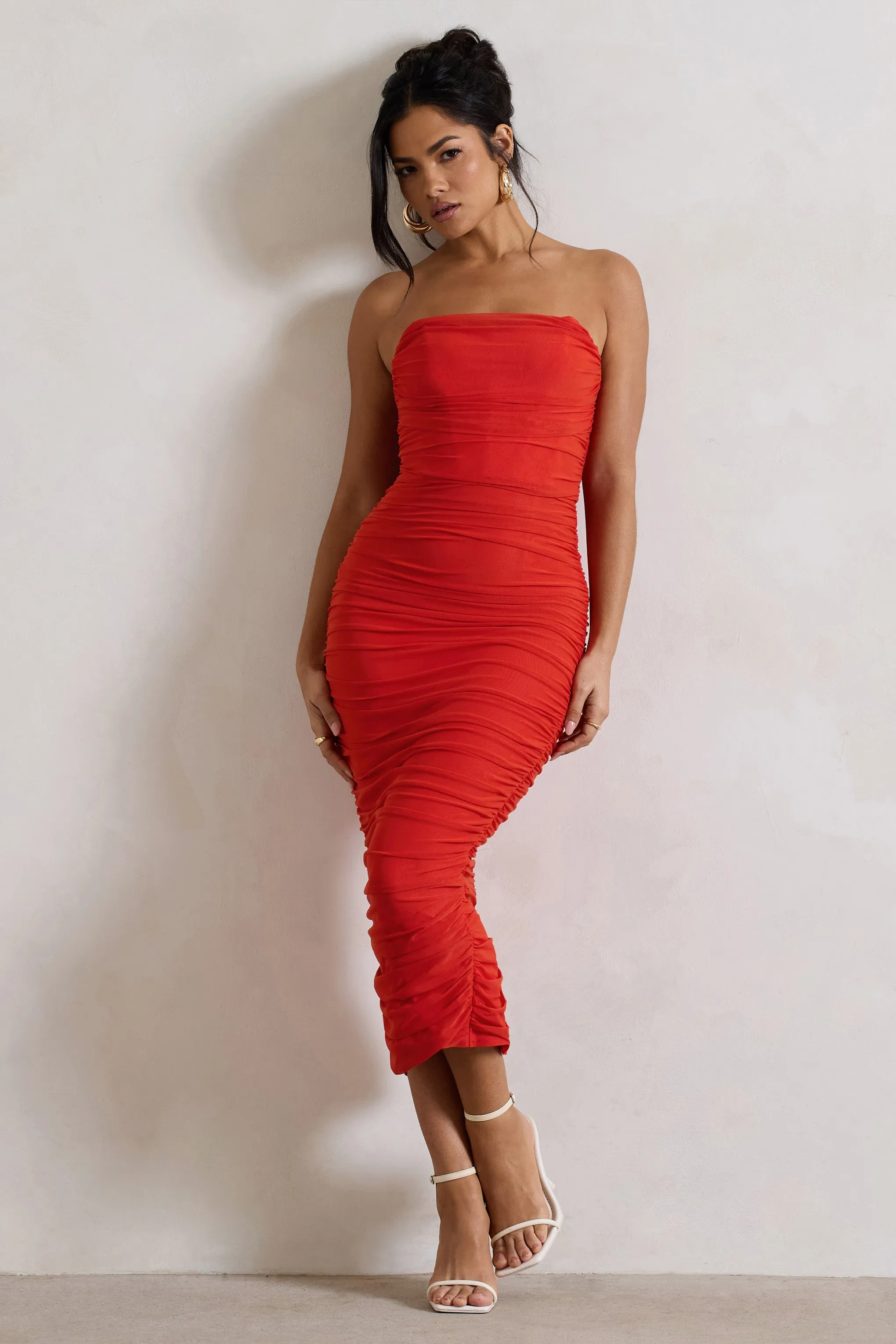 Nylah | Orange Ruched Corset Bodycon Midi Dress sold by Club L London