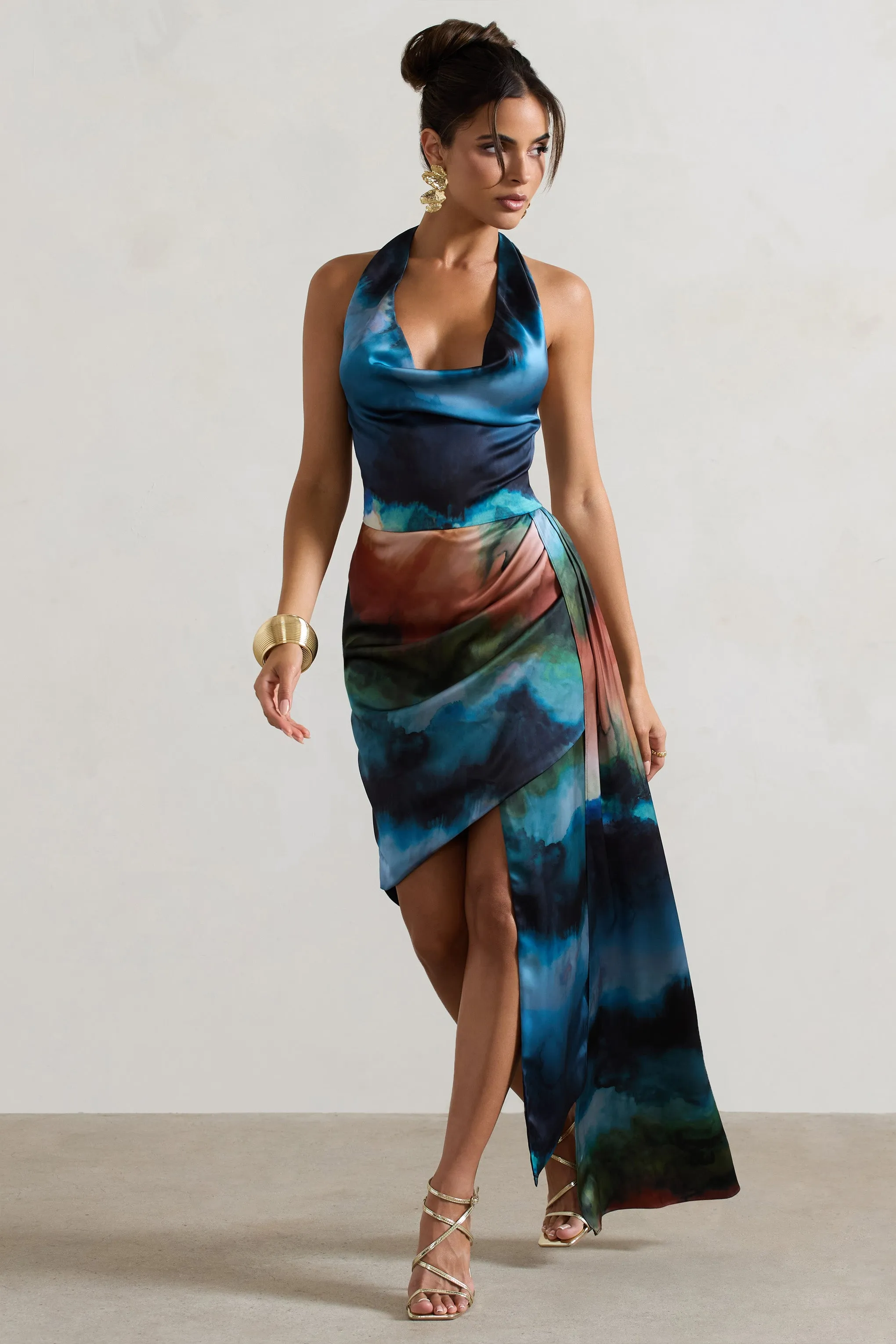Bali | Blue Blur Print Satin Cowl-Neck Draped Mini Dress sold by Club L London