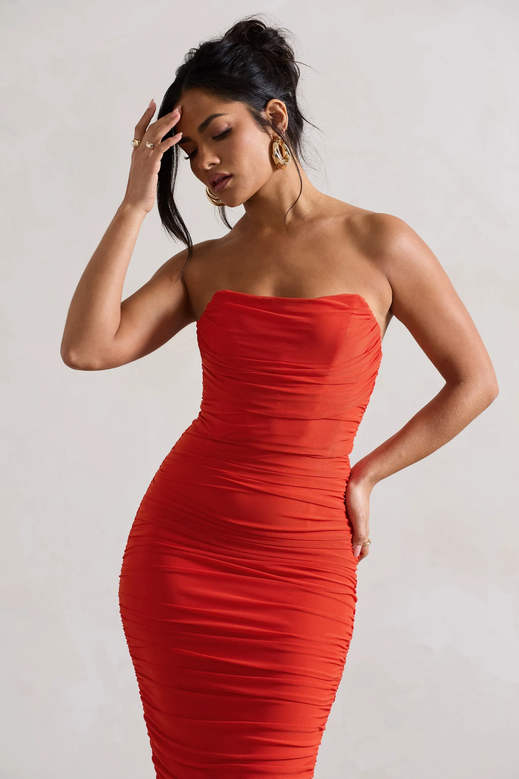 Nylah | Orange Ruched Corset Bodycon Midi Dress sold by Club L London product image thumbnail 3