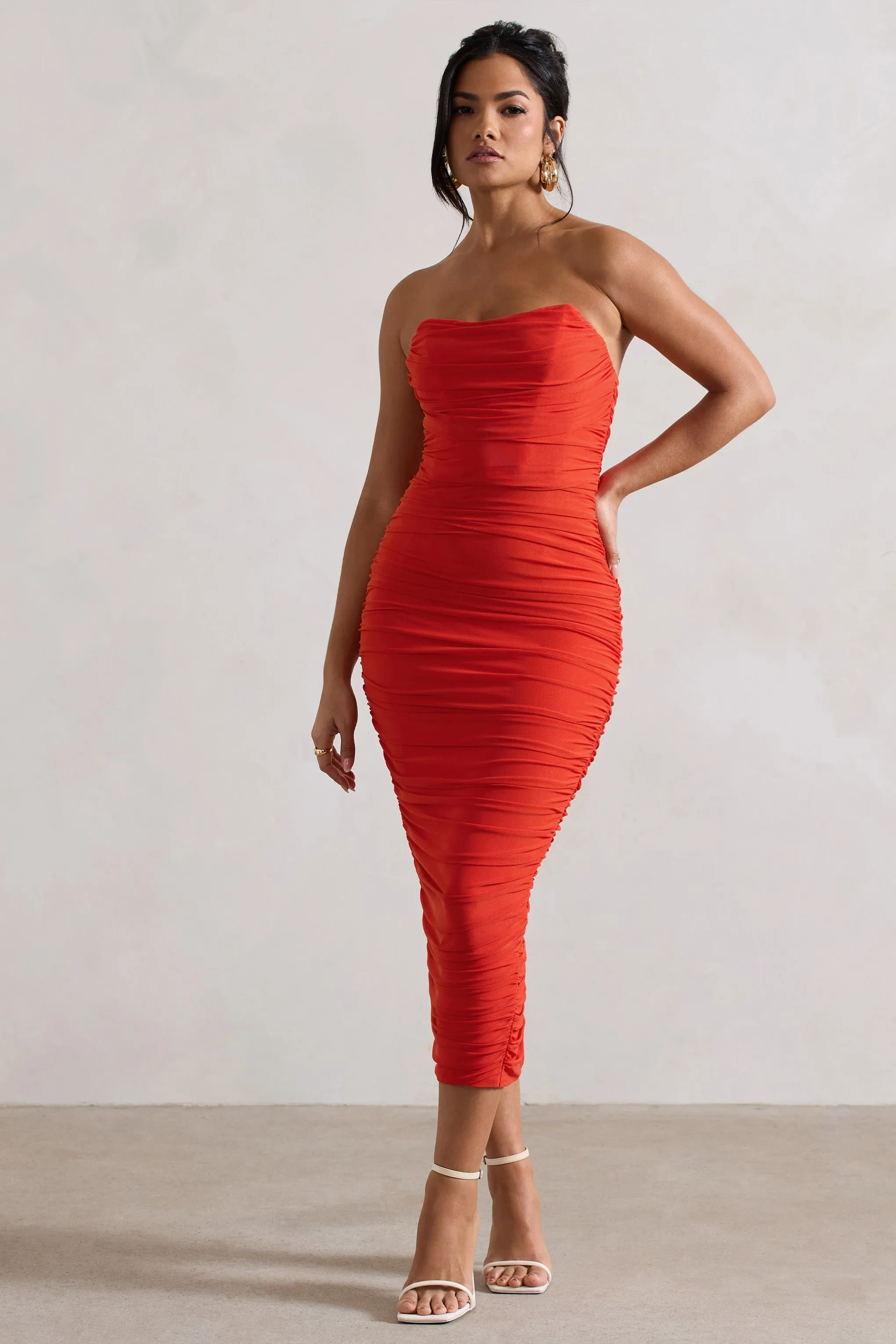 Nylah | Orange Ruched Corset Bodycon Midi Dress sold by Club L London product image thumbnail 4