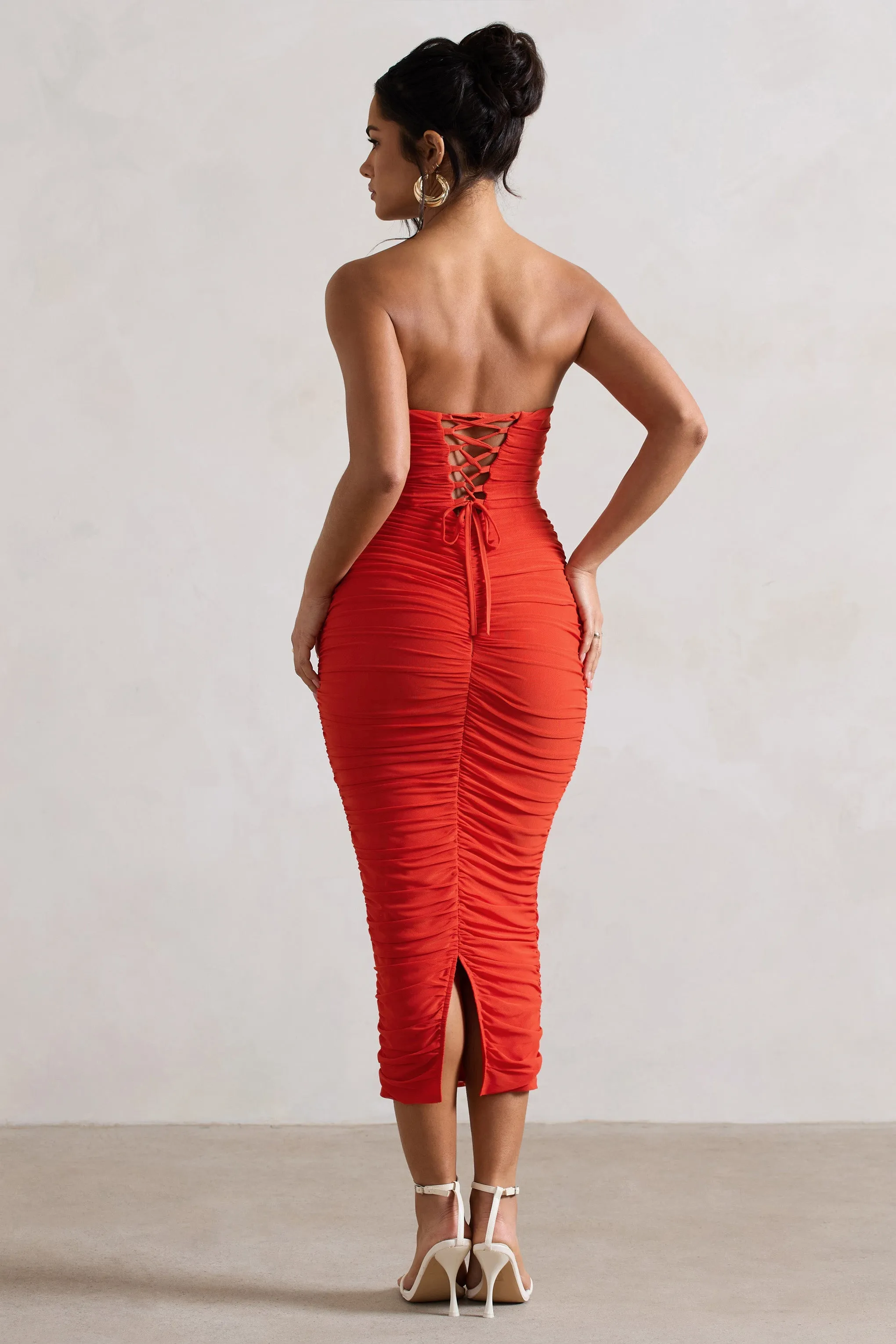 Nylah | Orange Ruched Corset Bodycon Midi Dress sold by Club L London product image thumbnail 2