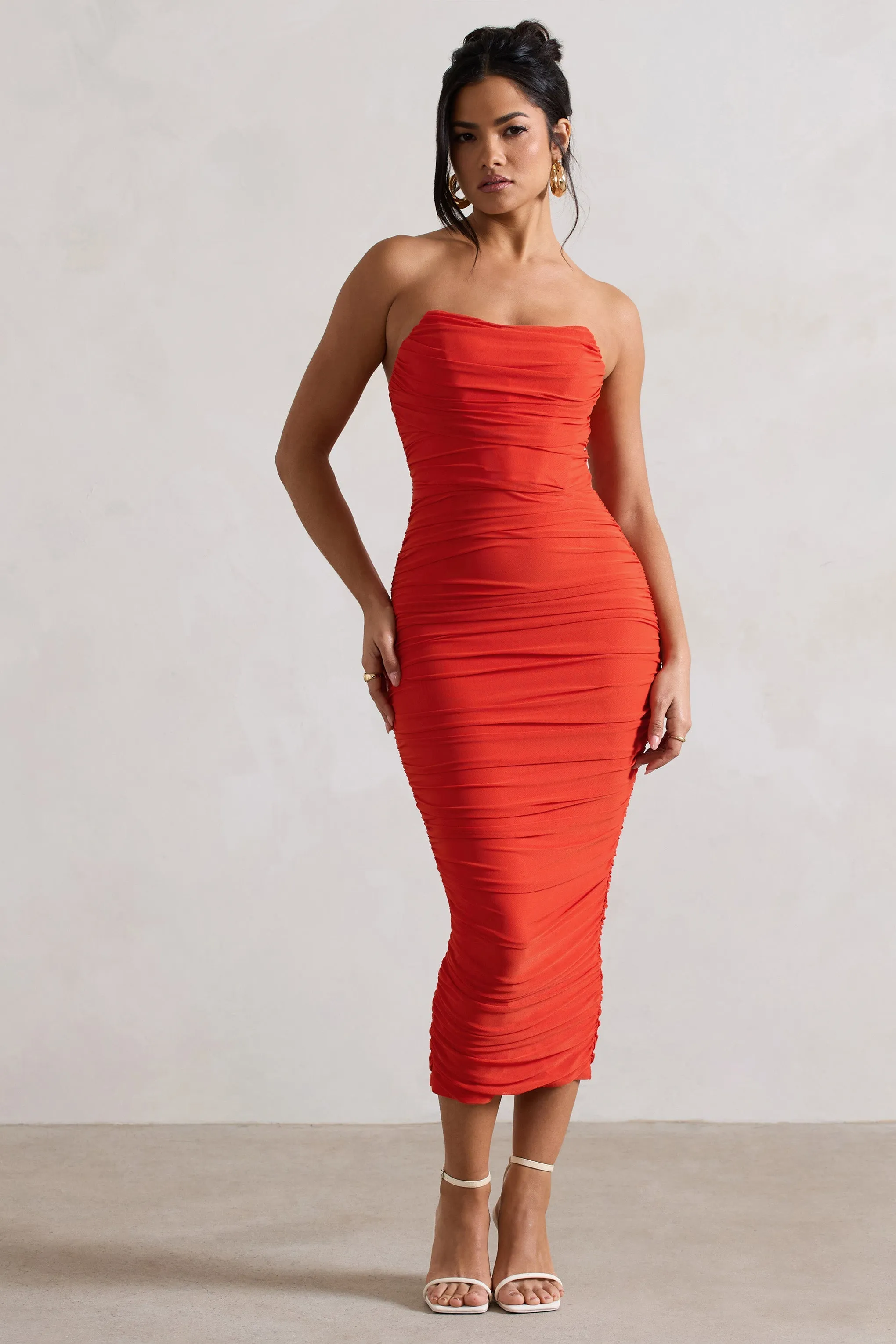 Nylah | Orange Ruched Corset Bodycon Midi Dress sold by Club L London product image thumbnail 5