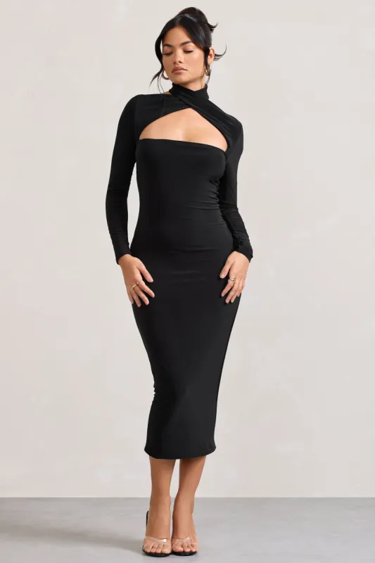 High Hopes | Black Halter-Neck Long-Sleeved Bodycon Midi Dress sold by Club L London