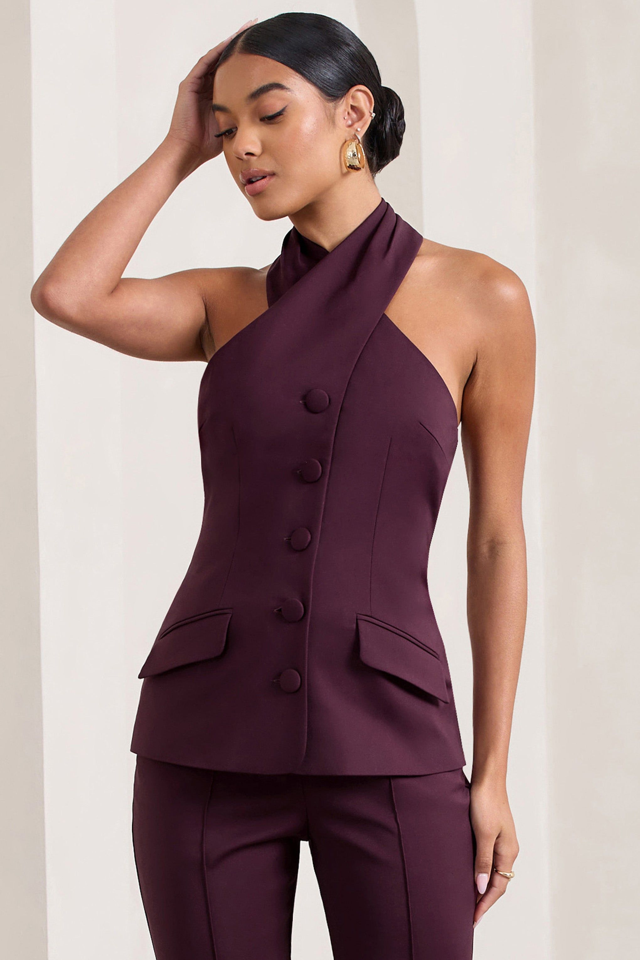 Remi | Burgundy Cross Halter Neck Tailored Sleeveless Blazer Top sold by Club L London product image thumbnail 5