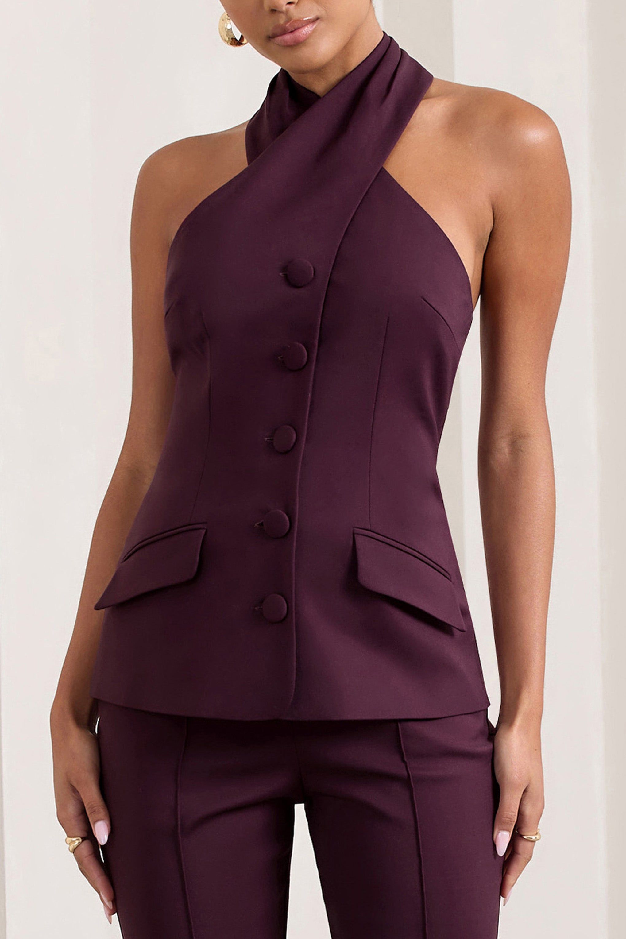 Remi | Burgundy Cross Halter Neck Tailored Sleeveless Blazer Top sold by Club L London product image thumbnail 3