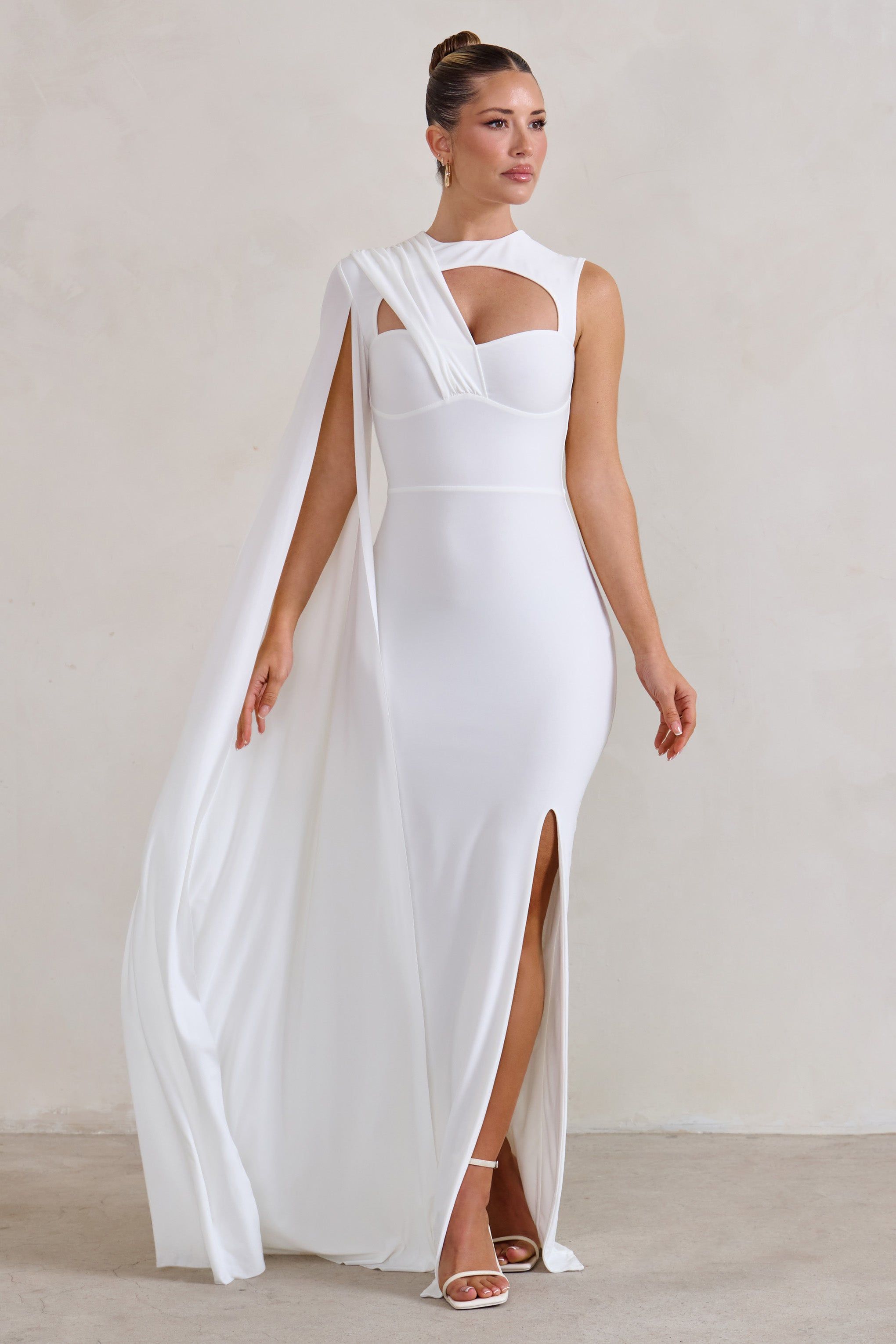 Emmey | White Asymmetric Cut Out Maxi Dress With Statement Cape sold by Club L London product image thumbnail 5