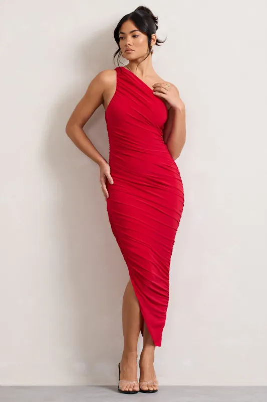 Dorit | Red One Shoulder Asymmetric Ruched Midi Dress sold by Club L London