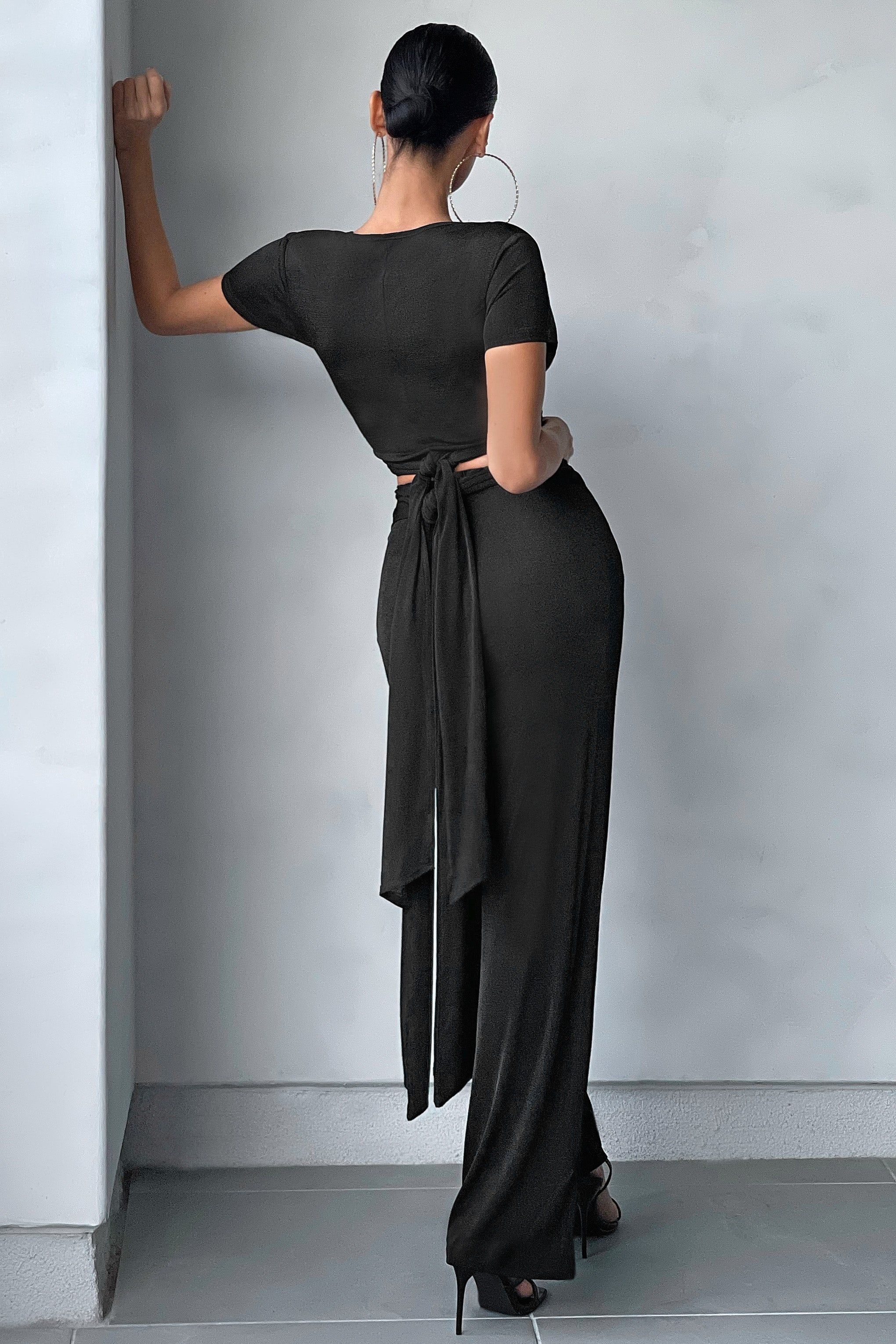 On My Mind | Black Wide Leg Wrap Tie Detail Trousers sold by Club L London product image thumbnail 2