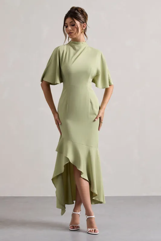 Lavinia | Sage High-Neck Flutter-Sleeve Asymmetric Maxi Dress made by Club L London