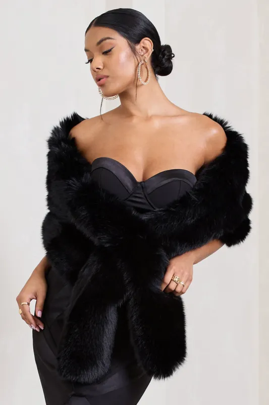 Softly | Black Faux Fur Pull-Through Shawl sold by Club L London