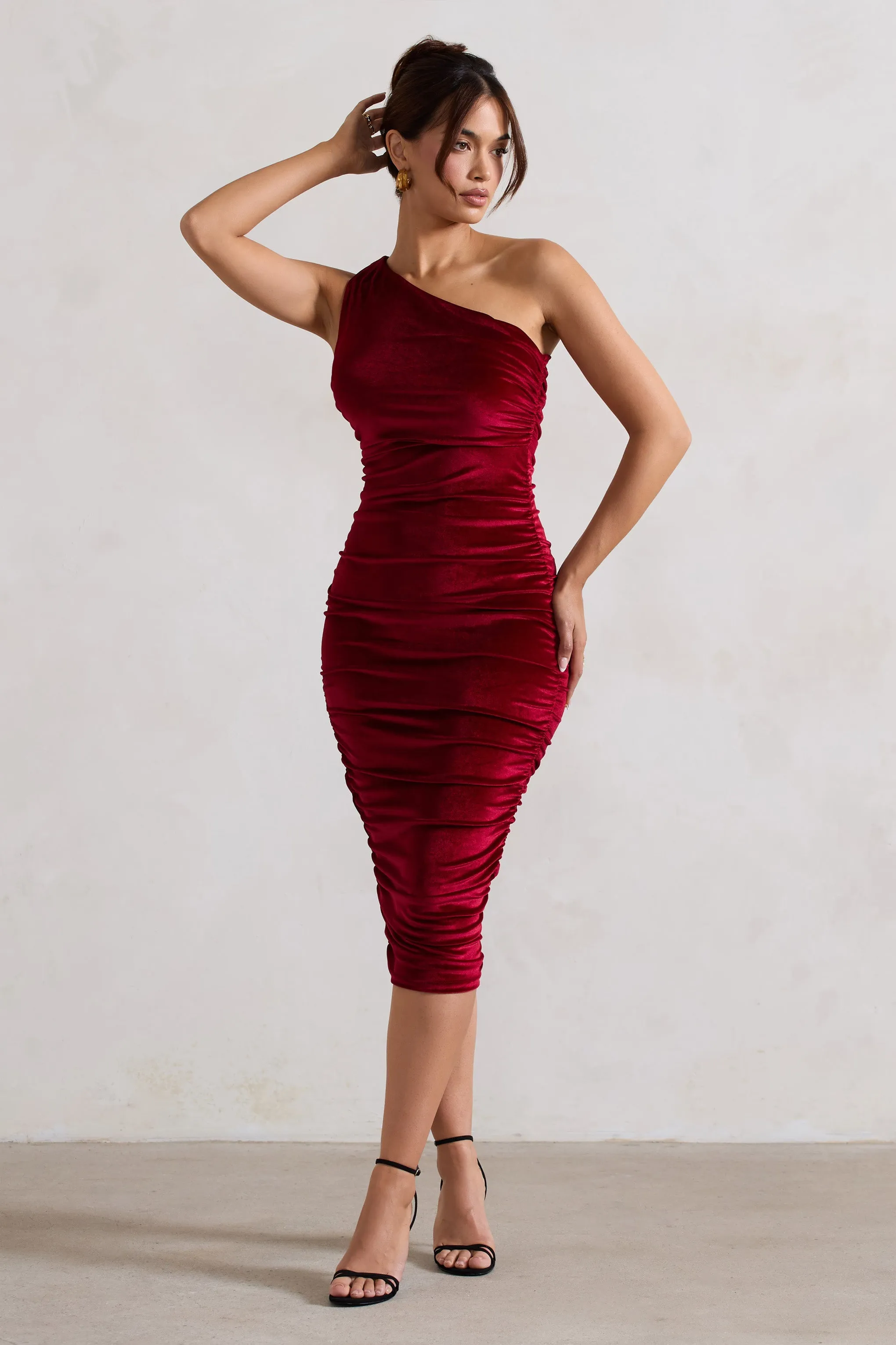 Back For More | Berry One Shoulder Ruched Midi Dress sold by Club L London