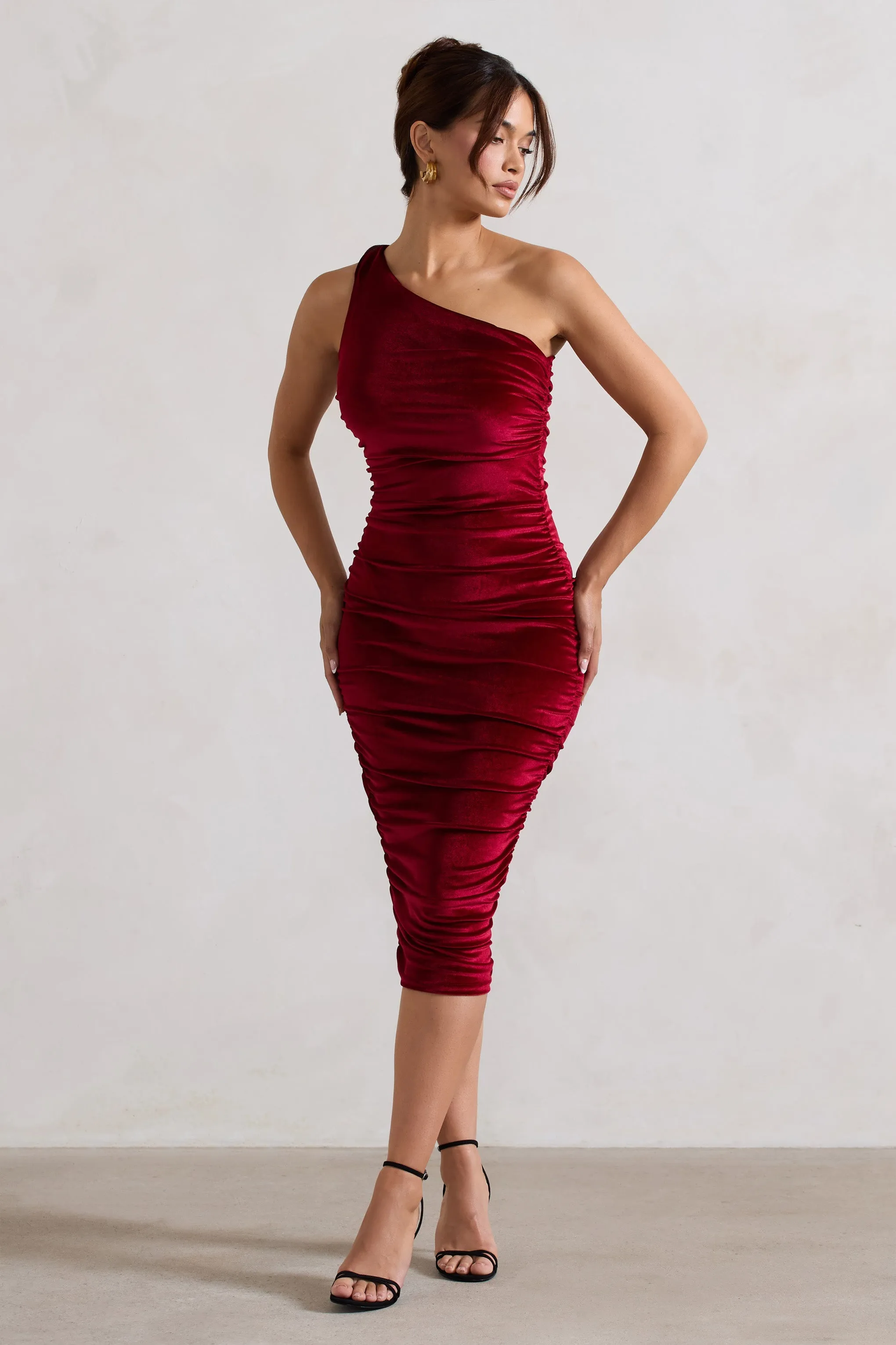 Back For More | Berry One Shoulder Ruched Midi Dress sold by Club L London product image thumbnail 4