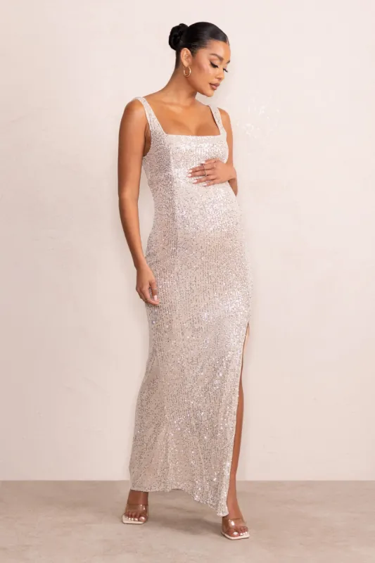 Sparkle Mama | Nude Maternity Sequin Split Hem Maxi Dress sold by Club L London