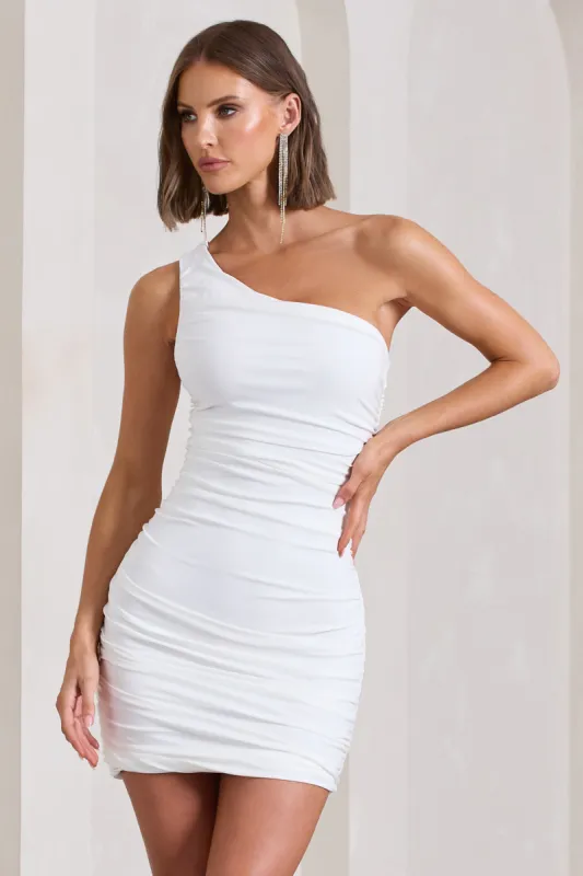 Onyx | White Ruched One Shoulder Mini Dress sold by Club L London