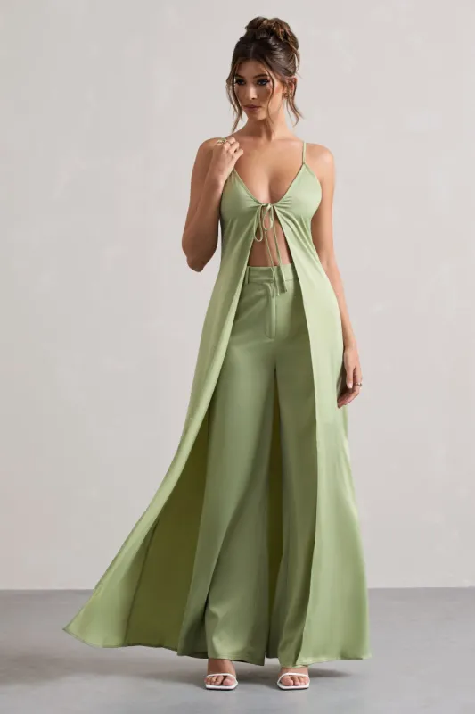 Calvi | Pale Green Satin Longline Cami Top With Split Front sold by Club L London
