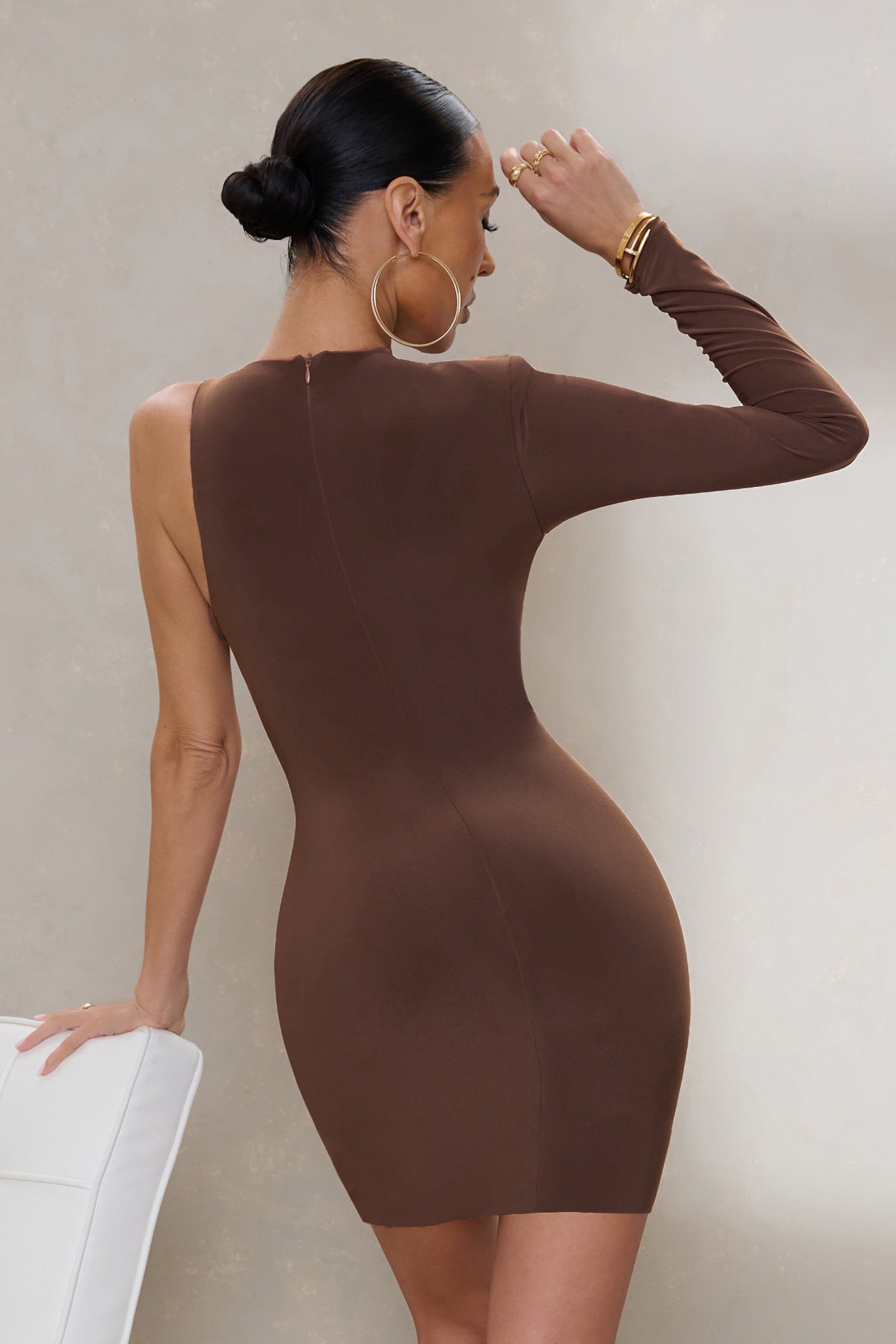 Talk The Talk | Chocolate Brown One Sleeve Ruched Mini Dress sold by Club L London product image thumbnail 2