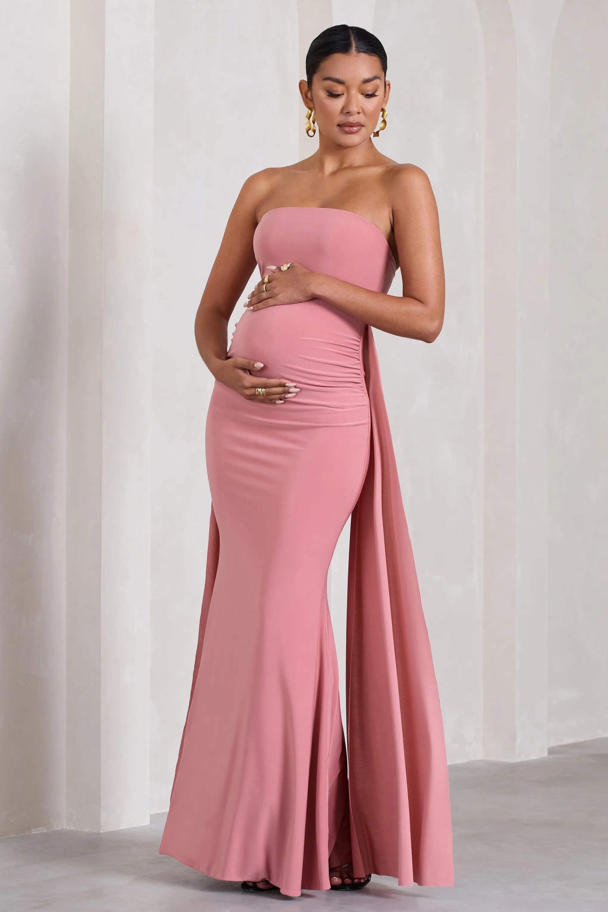 Christina | Blush Pink Bandeau Sleeveless Maternity Maxi Dress With Cape sold by Club L London product image thumbnail 3