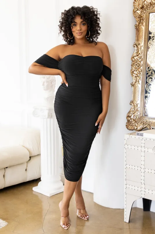 Lost For Words | Plus Black Draped Sleeve Ruched Midi Dress sold by Club L London
