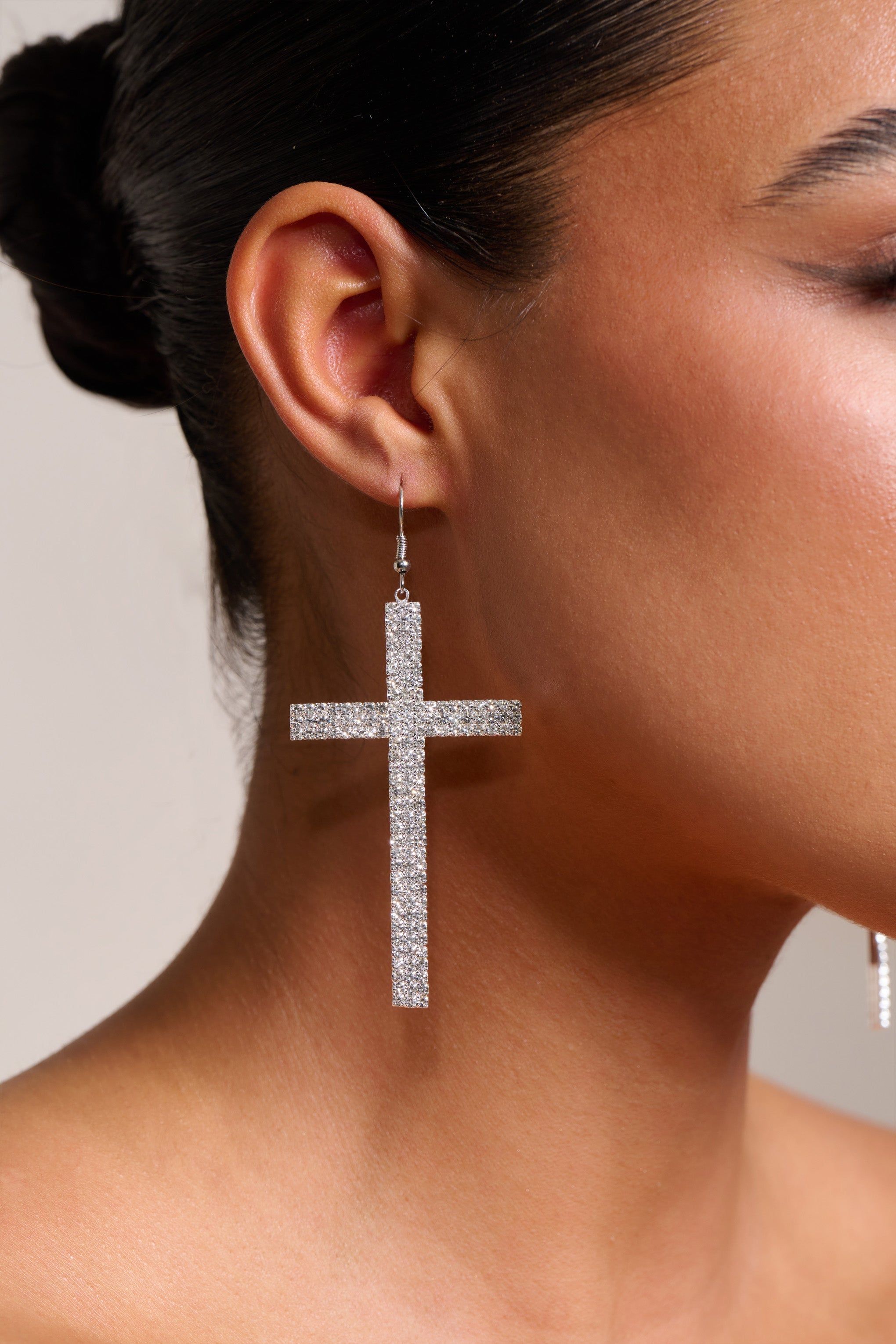 Storm | Silver Diamante Cross Earrings sold by Club L London product image thumbnail 2