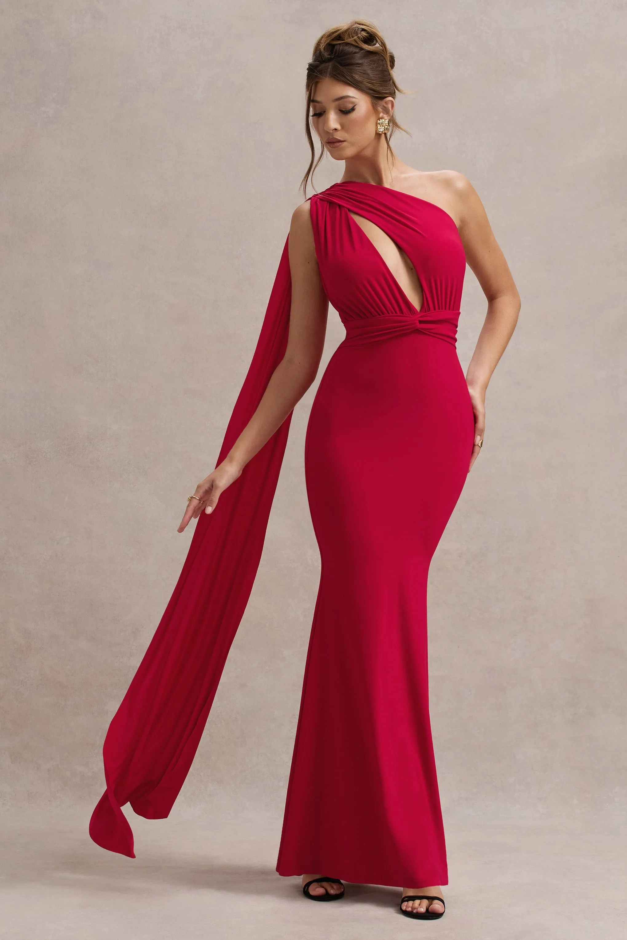 Akira | Red Asymmetric Knot Maxi Dress With Sash sold by Club L London