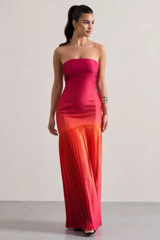 California | Pink & Orange Ombre Bandeau Plisse Maxi Dress sold by Club L London