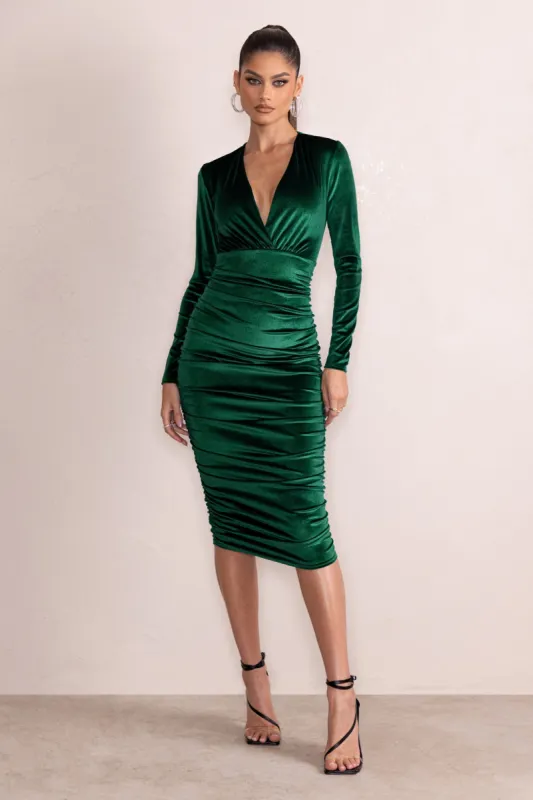 Antonella | Bottle Green Velvet Plunge Neck Ruched Midi Dress With Long Sleeves sold by Club L London