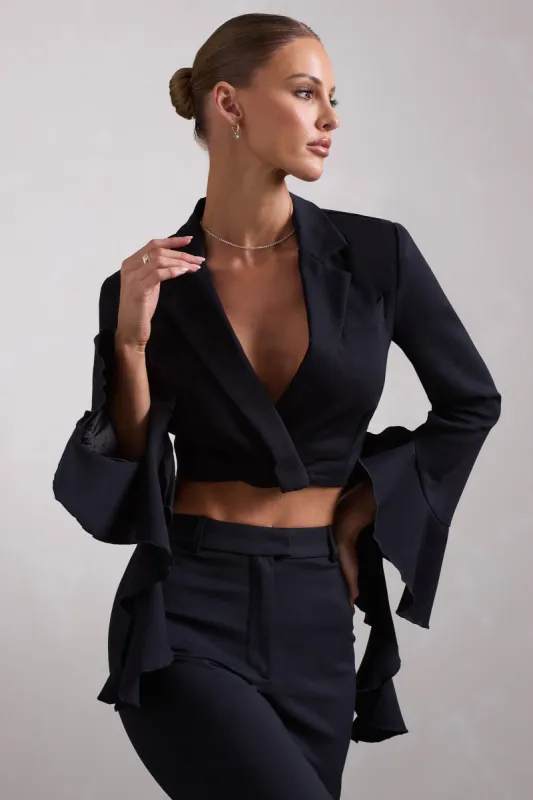Sophie | Black Cotton-Blend Tailored Cropped Blazer With Ruffled Cuffs sold by Club L London