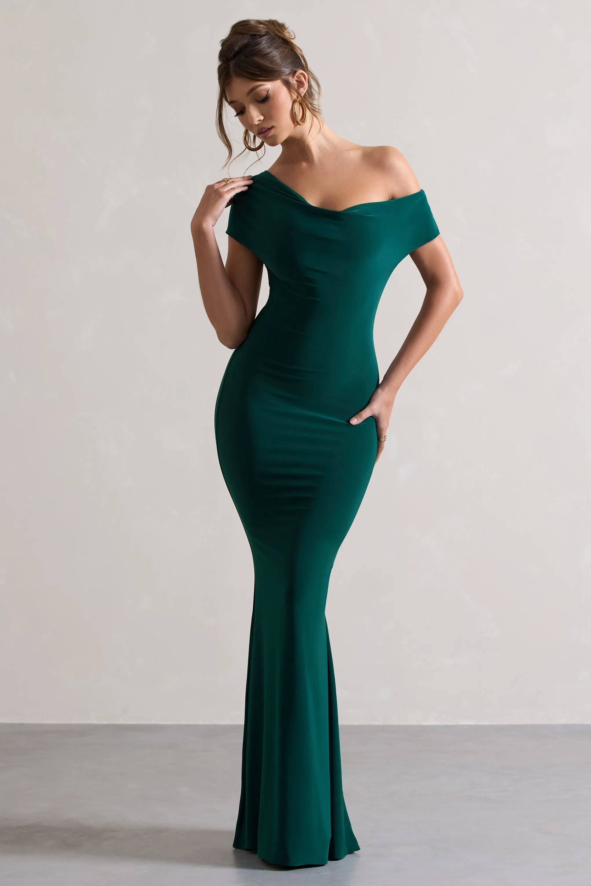 Avila | Bottle Green Asymmetric Bardot Maxi Dress sold by Club L London