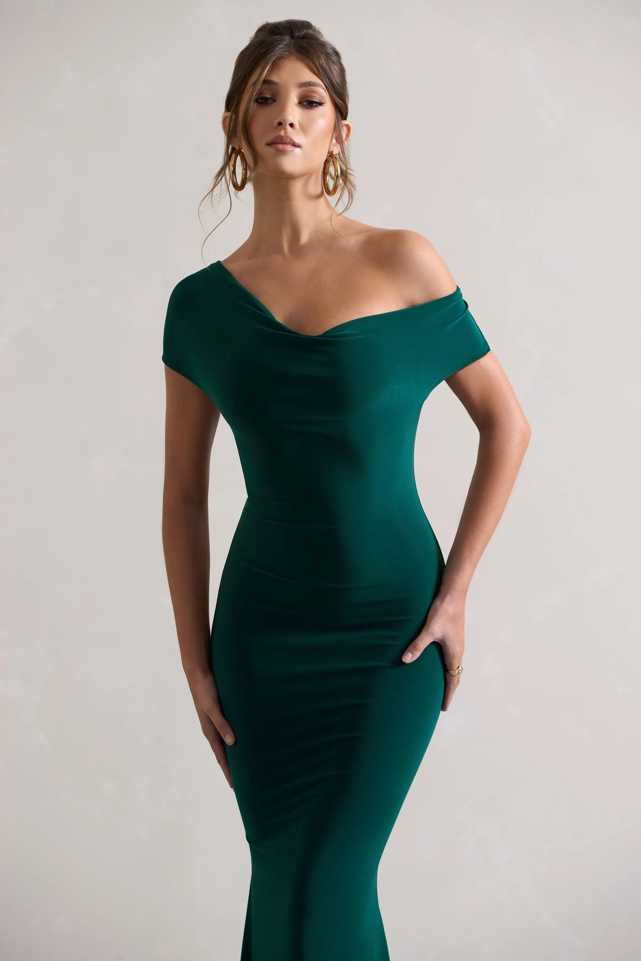 Avila | Bottle Green Asymmetric Bardot Maxi Dress sold by Club L London product image thumbnail 3