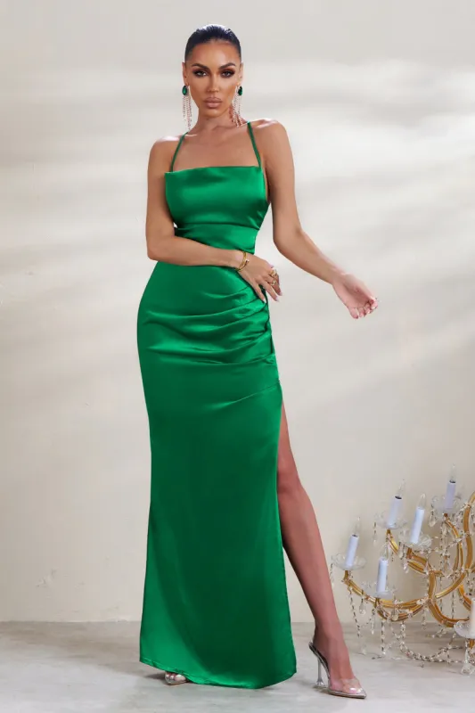 A-List | Green Satin Cowl Maxi Dress With Thigh Split sold by Club L London