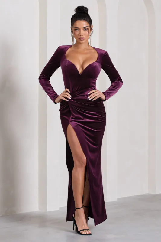 Vin Chaud | Dark Purple Velvet Long-Sleeved Split Maxi Dress sold by Club L London