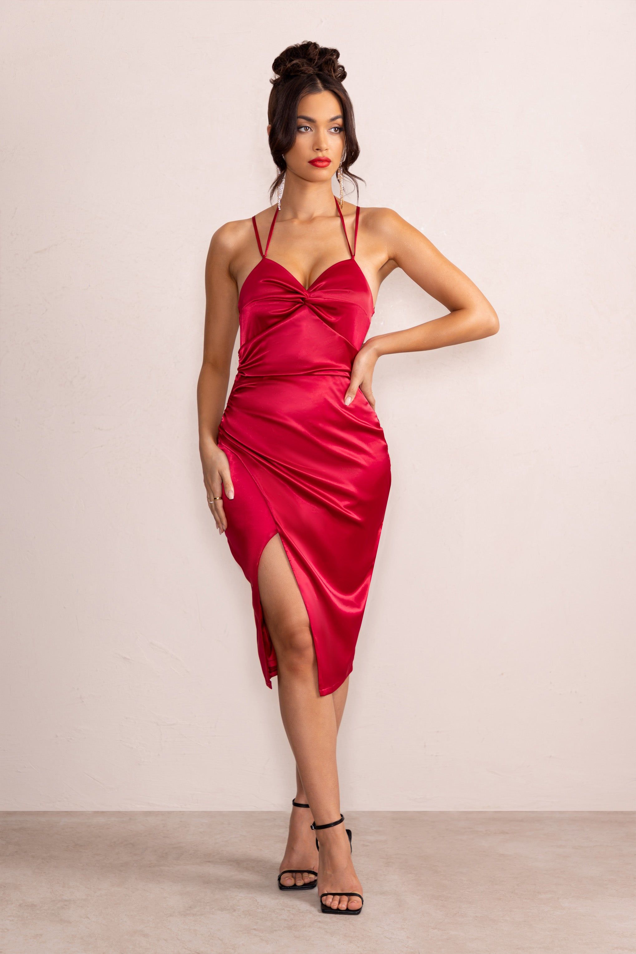 Penelope | Red Satin Twist Front Strappy Midi Dress sold by Club L London product image thumbnail 4
