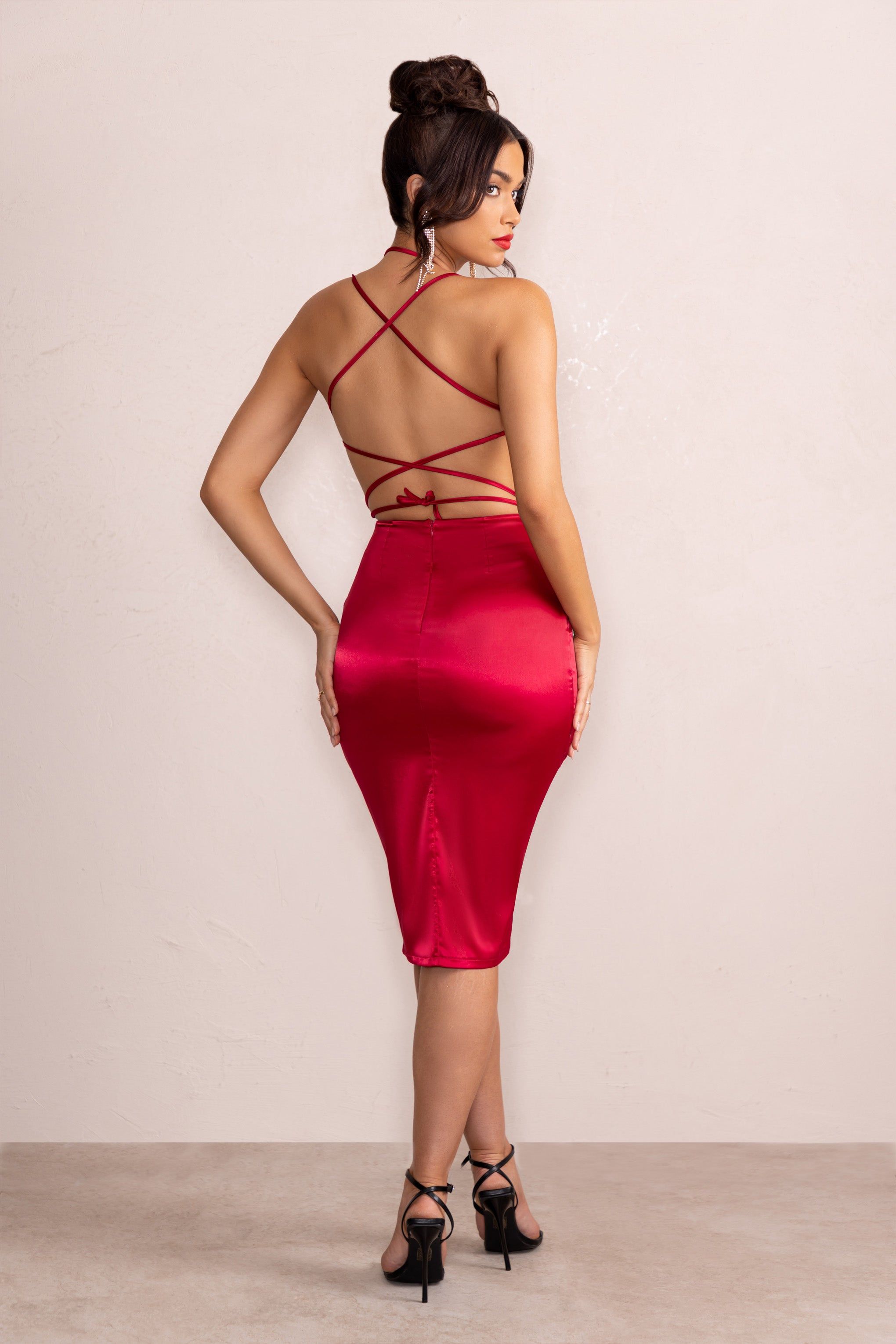 Penelope | Red Satin Twist Front Strappy Midi Dress sold by Club L London product image thumbnail 2