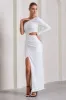 Reflection | White Embellished One Sleeve Cut-Out Split Maxi Dress sold by Club L London